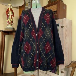 Vintage 90s DKNY 100% Wool Navy Argyle Oversized Button up cardigan sweater